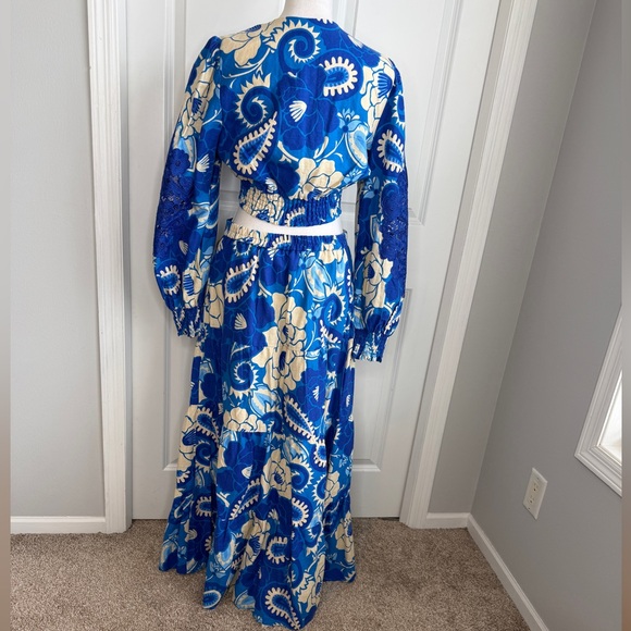 House of Harlowe 1960 Blue Cream Floral Paisley Repeat Top Maxi Skirt Set Linen - Picture 10 of 15
